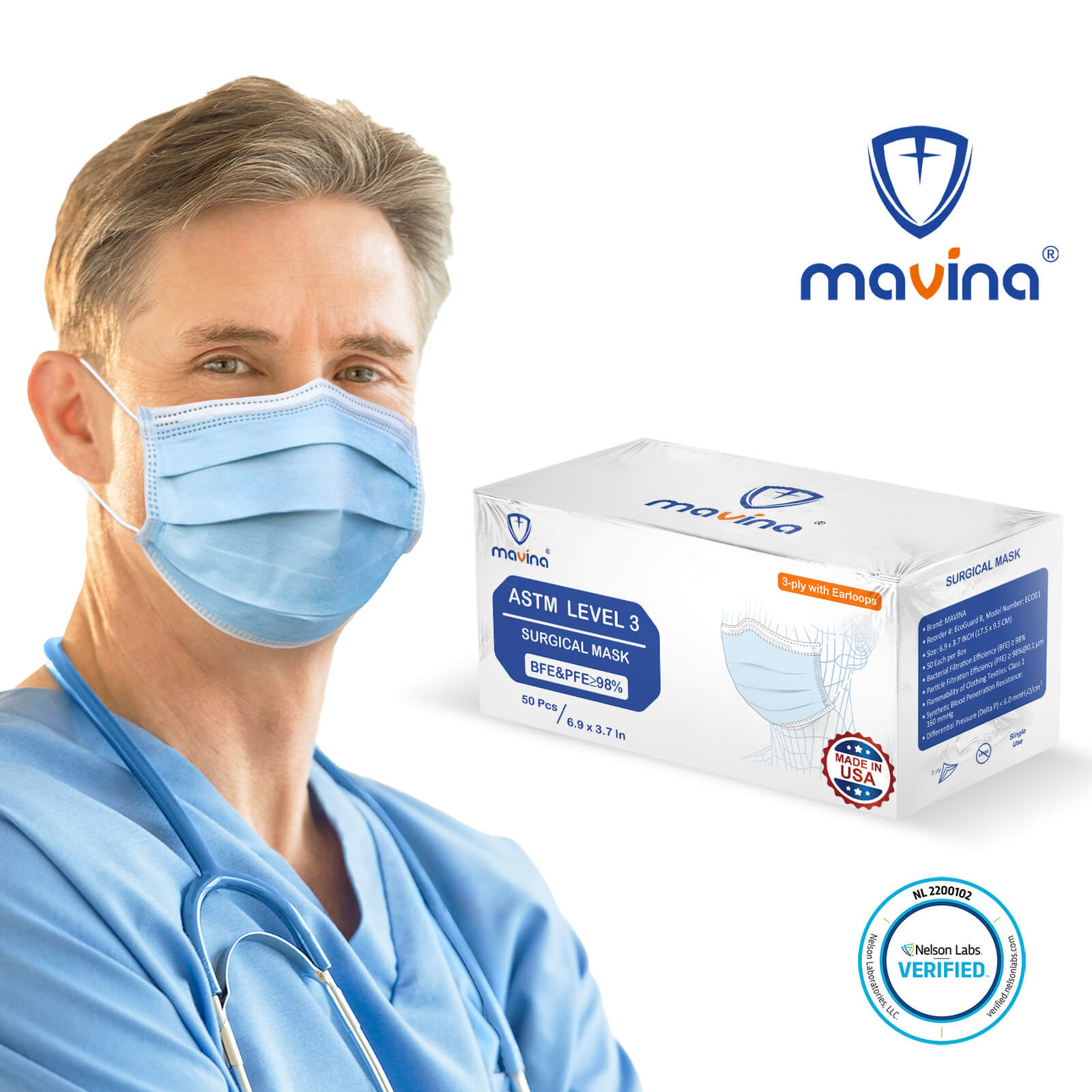 Made In USA Mavina Surgical Mask 3-Ply Earloop For Adult, 50 Pcs ...