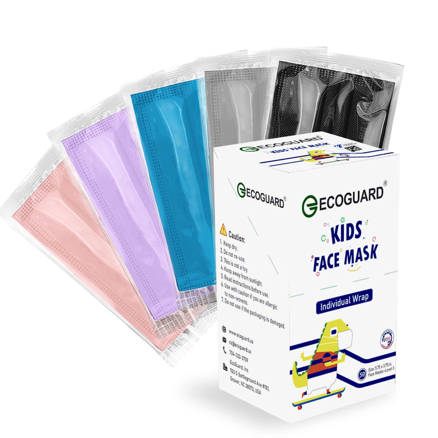 Made in USA EcoGuard 4-Ply Kids Mask Individually Wrapped 30 Boxes 1500 Pcs